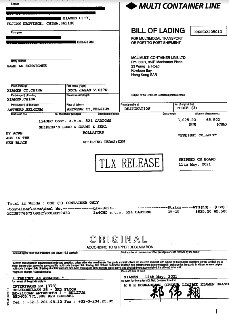 Bill of Lading example