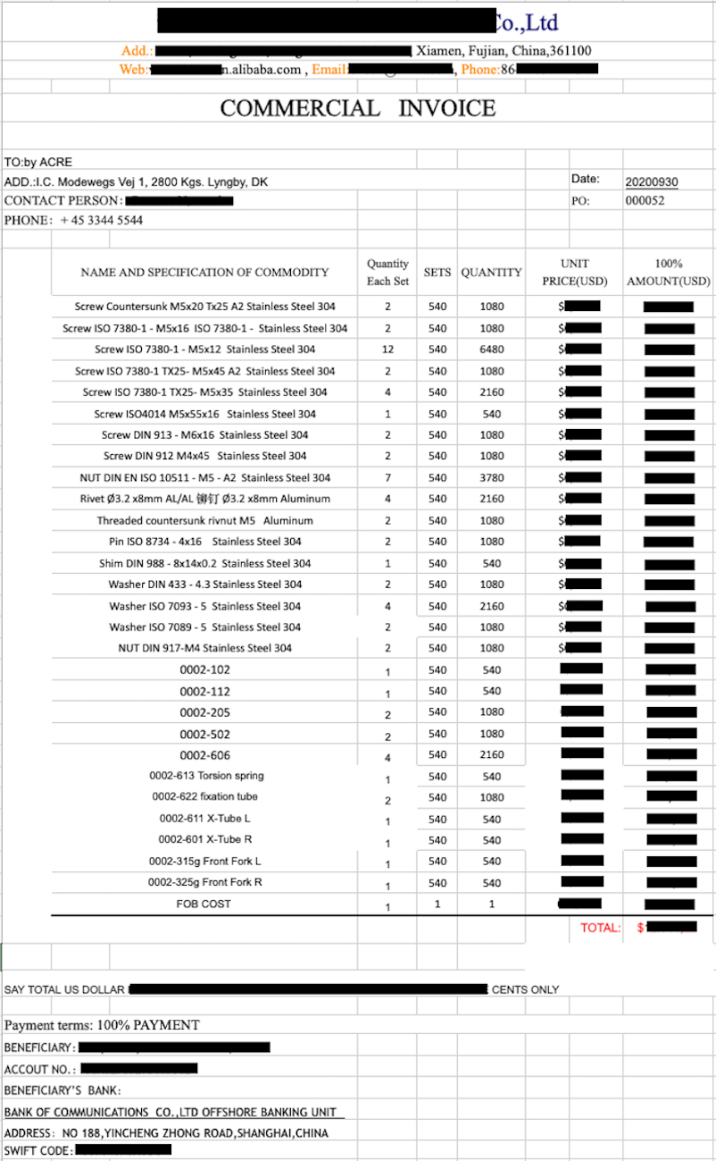 Commercial Invoice example