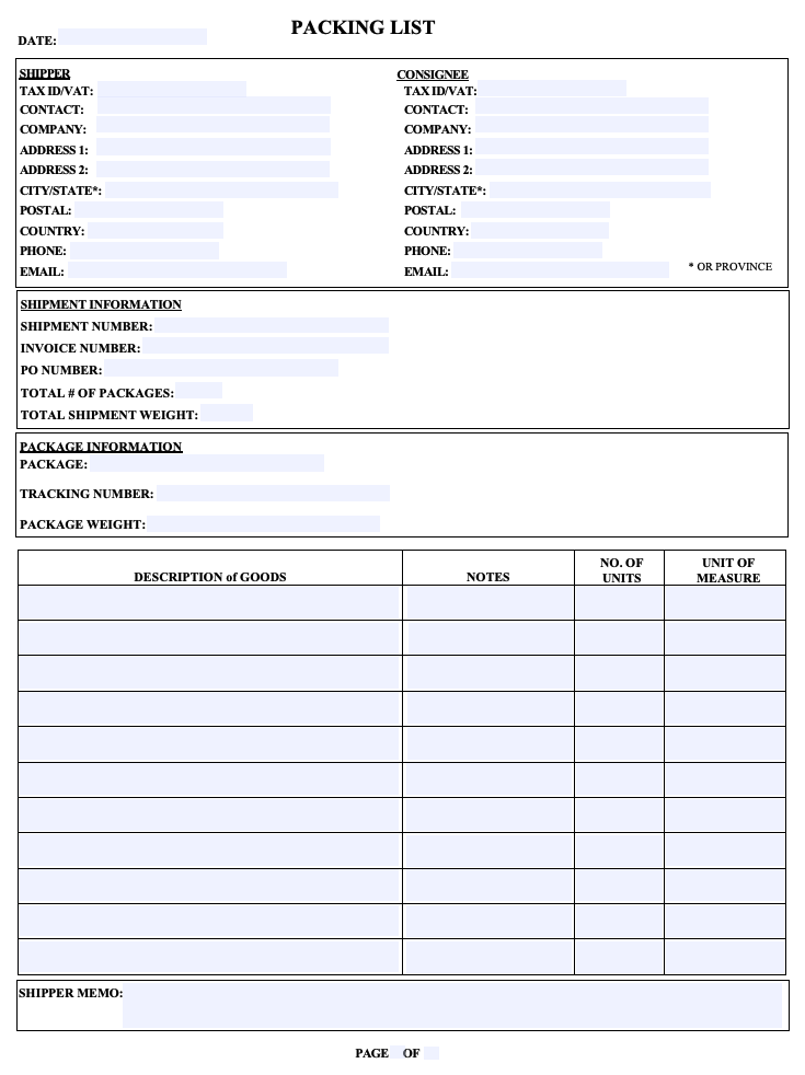 Sample Packing List form