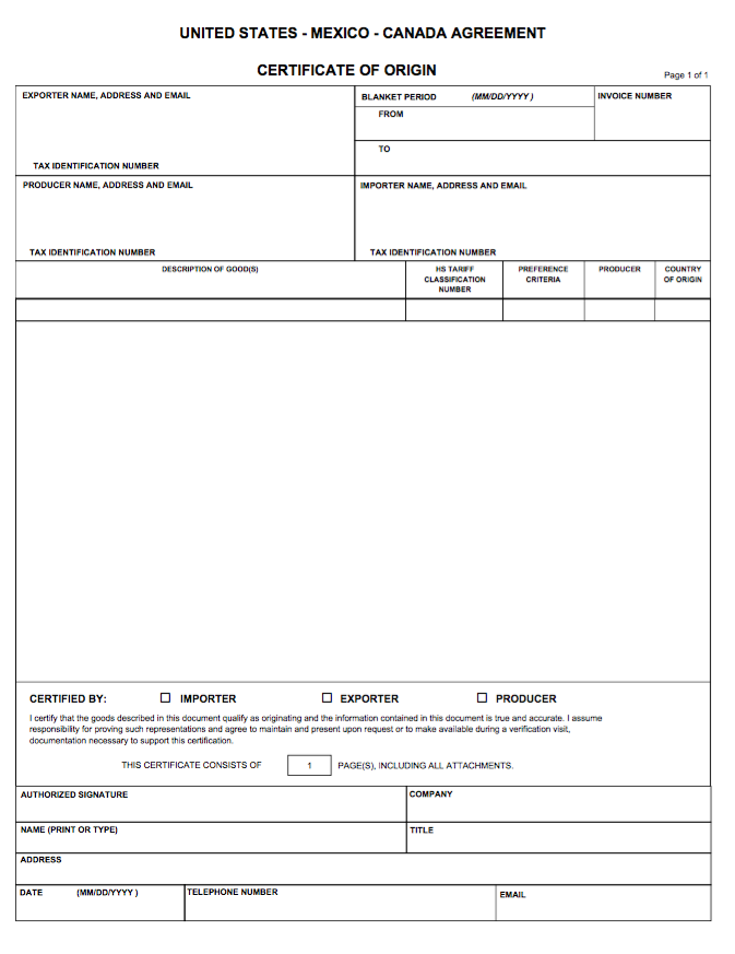 USMCA Certificate Of Origin